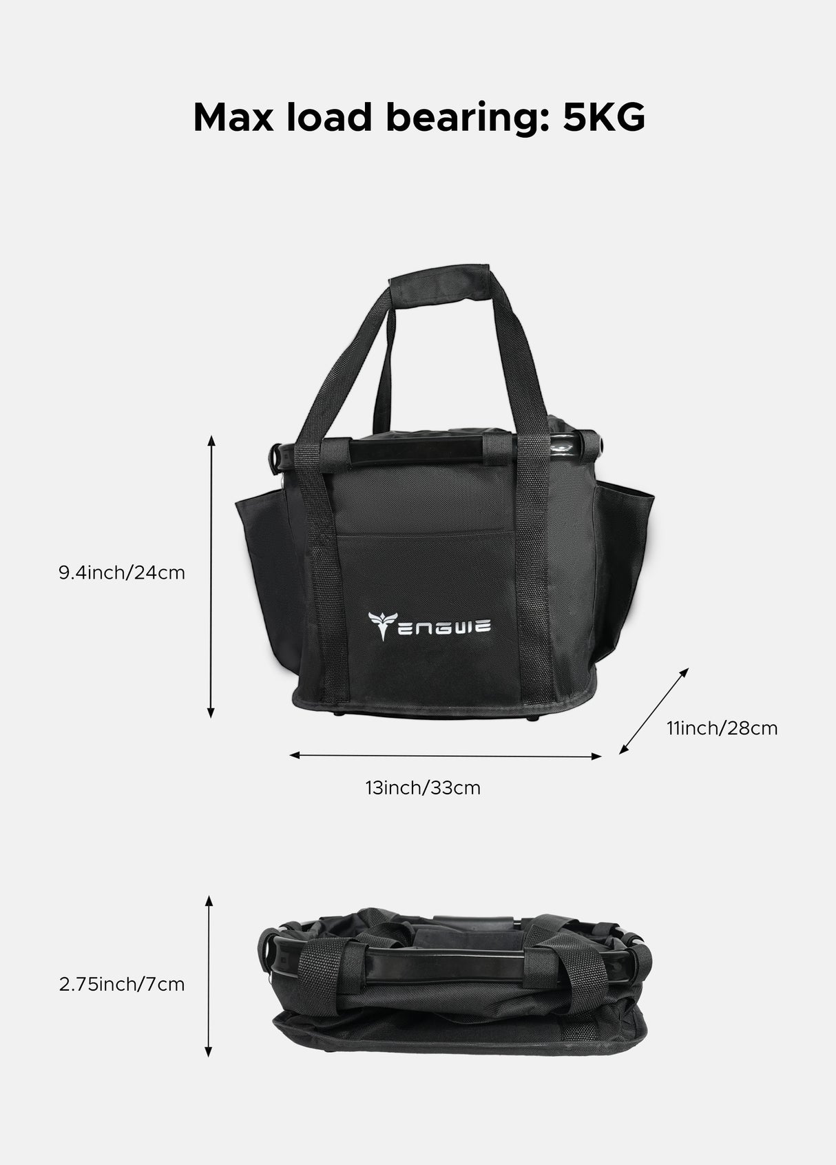 Der Engwe Tasche hat eine maximale Tragfähigkeit von 5 kg. Die Maße des Rucksacks sind: Länge 24 cm, Breite 33 cm, Höhe 7 cm.