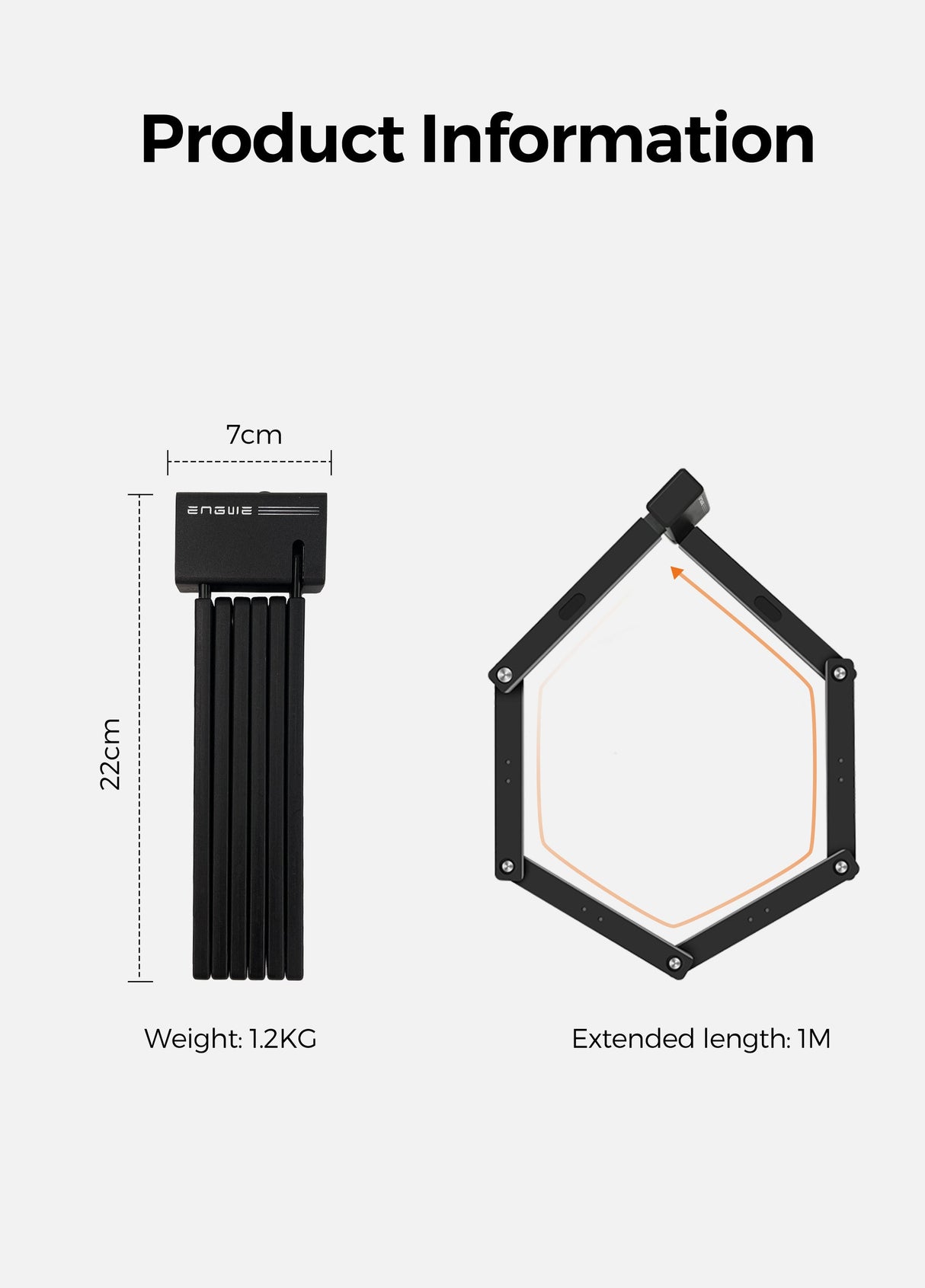 Das faltbare ENGWE Fahrradschloss ist 22 cm lang, 7 cm breit und kann auf 1 m ausgezogen werden.