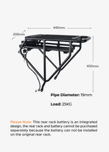 Die Länge des Gepäckträgers beträgt 440mm, die Breite 206mm und die Höhe 400mm. 25kg Gewicht können transportiert werden. 