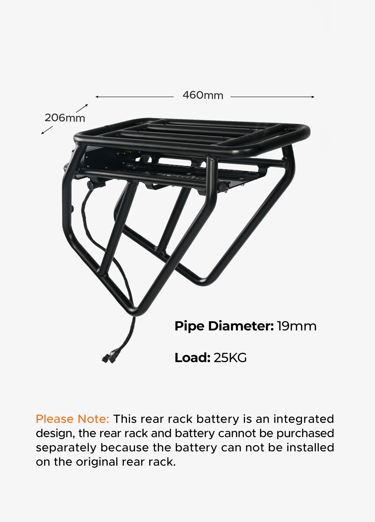 Der Gepäckträger hat eine Tragkraft von 25 kg und ist 460 mm lang und 206 mm breit. Bitte beachten Sie, dass die Batterien auf dem Gepäckträger eine Hybridkonstruktion sind und nicht separat vom Gepäckträger erworben werden können.