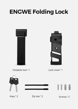 Faltbares Fahrradschloss, Schlossabdeckung, Schlüssel, Reißverschlussreifen, Schrauben.