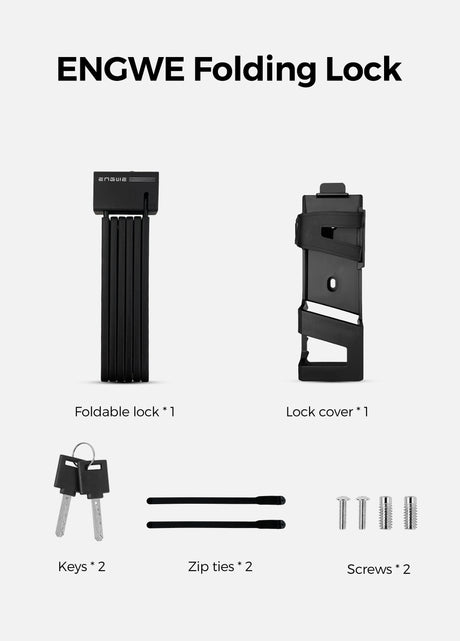 Faltbares Fahrradschloss, Schlossabdeckung, Schlüssel, Reißverschlussreifen, Schrauben.